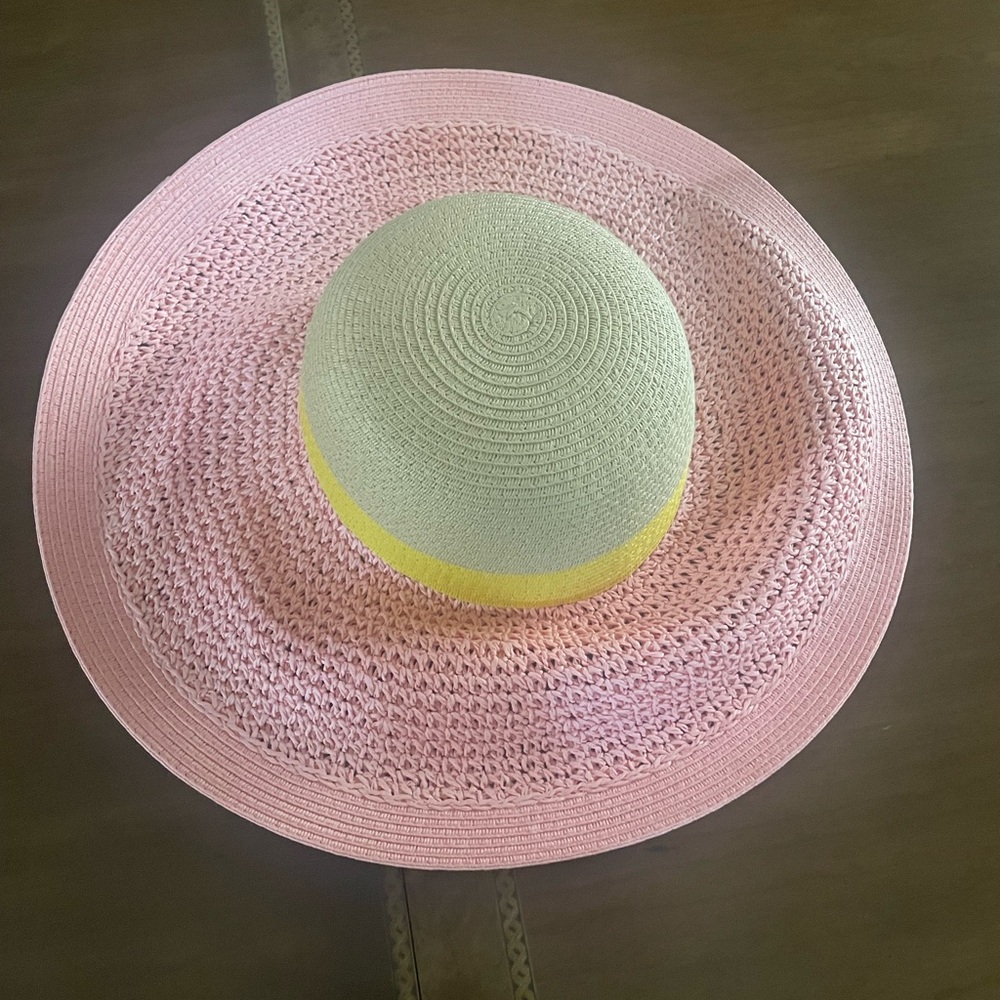 J. Crew Pink Straw Sun Hat with Cream Crown and Yellow Trim